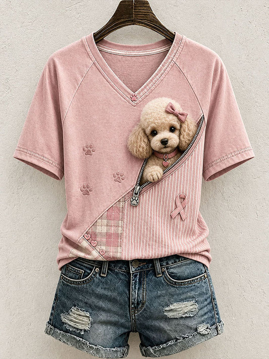 Female Cute Dog Pink Ribbon Printed Casual V-Neck T-Shirt