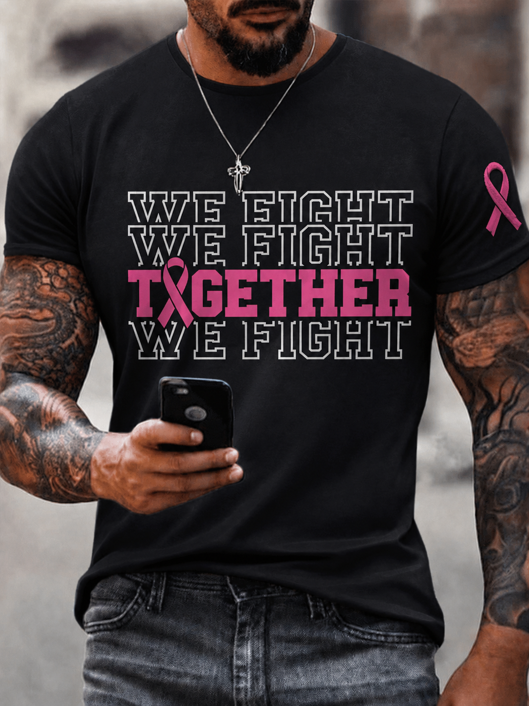 Men's We Fight Together Pink Ribbon Breast Cancer Awareness Short Sleeve T-Shirt