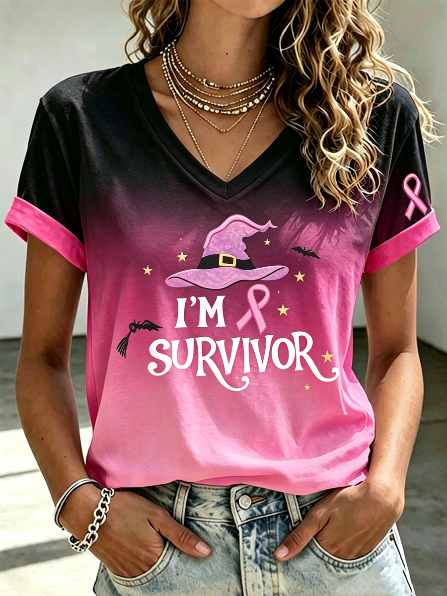 Women'S Casual Gradual Change Halloween Breast Cancer Printed T-Shirt