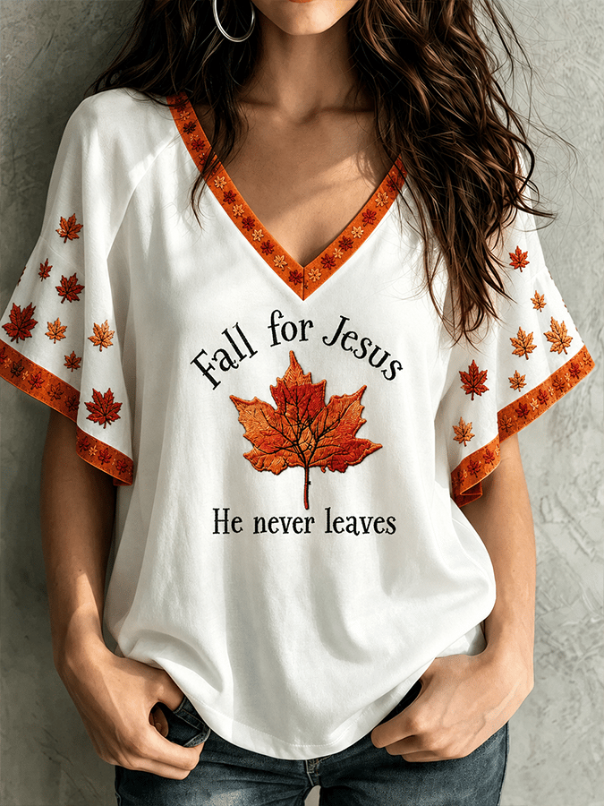 Women's "Fall For Jesus He Never Leaves" T-Shirt