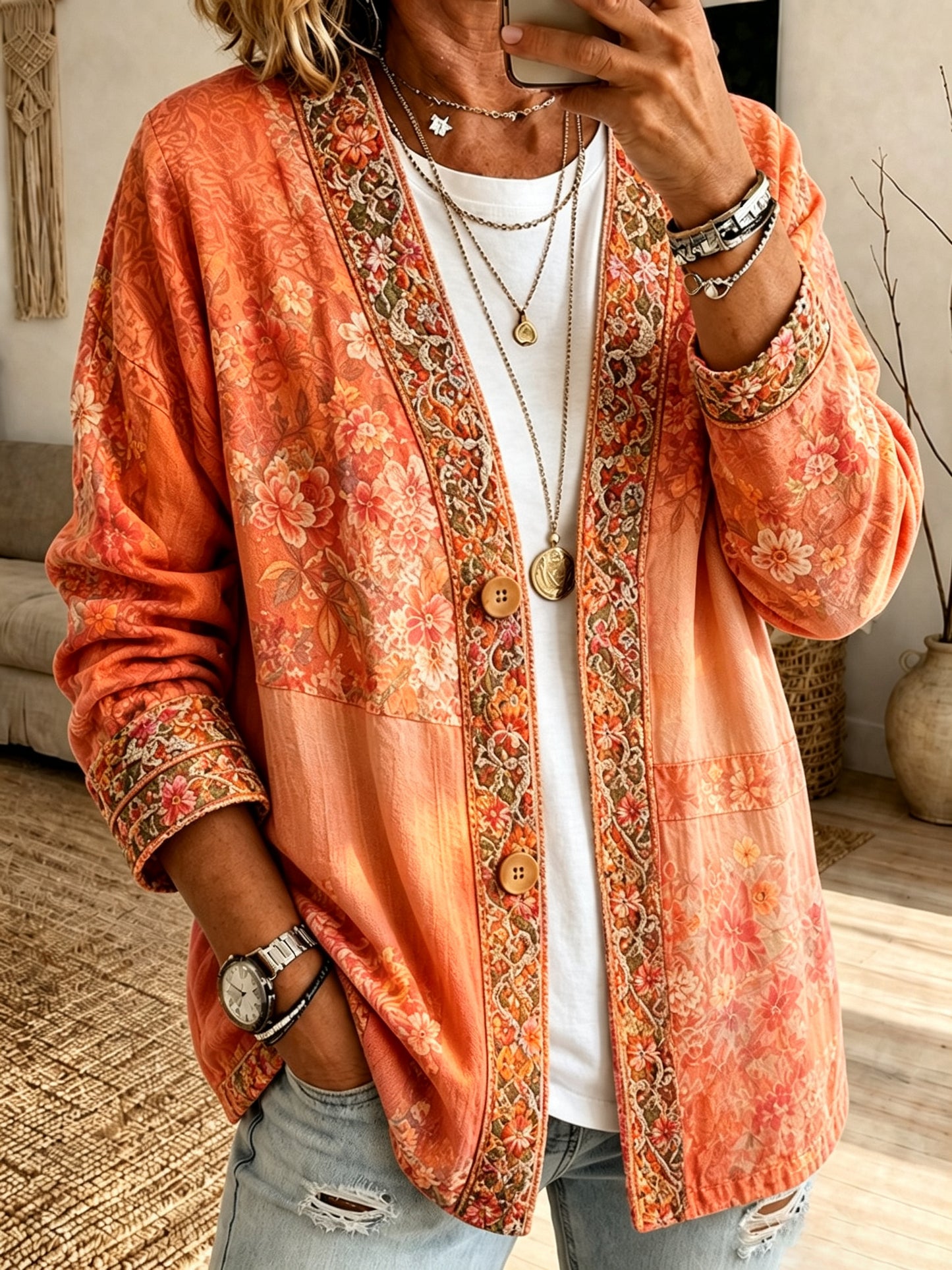 Women'S Casual Patchwork Printed Cardigan Top