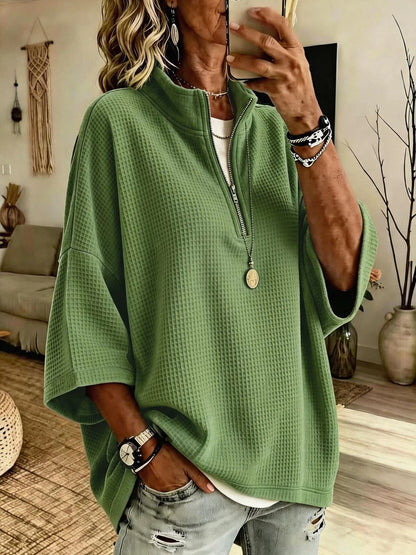 Women's Solid-Color Waffle-Knit Loose Half-Zip Sweatshirt
