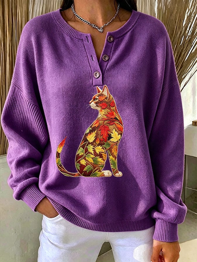 Women's Casual Print Button-Up Collar Knit Top