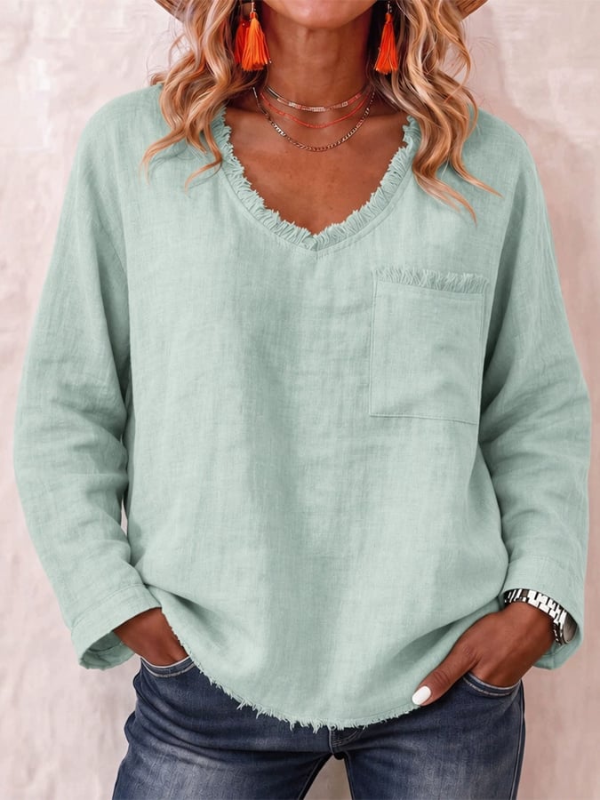 Women's Casual V-neck Fringe Long Sleeve Solid Color Top