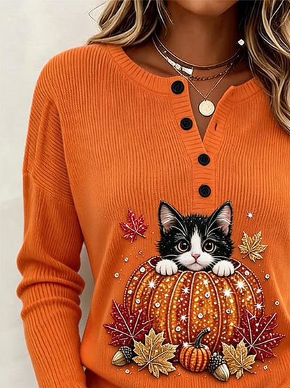 Women's Casual Printed Loose-Fit Henley Shirt