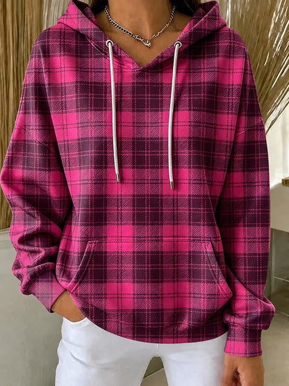 Women'S Retro Breast Cancer Awareness Plaid Art Print Long Sleeve Hoodie