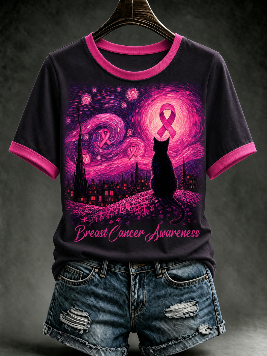 Women's Breast Cancer Awareness Halloween Cat Printed Casual T-Shirt