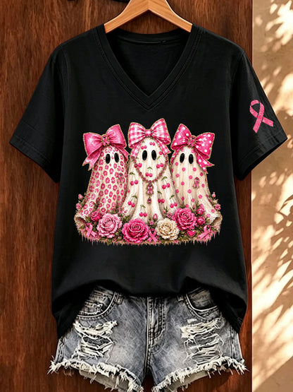 Women'S Breast Cancer Awareness And Ghost Witch Halloween Support Printed T-Shirt