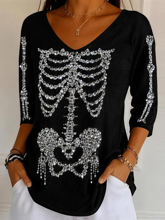 Women's Skull Rhinestone Print V-Neck Long-Sleeve T-Shirt