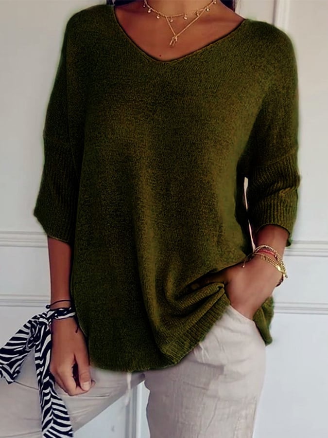 Women'S Casual V-Neck Three-Quarter Sleeve Solid Color Knit Sweater