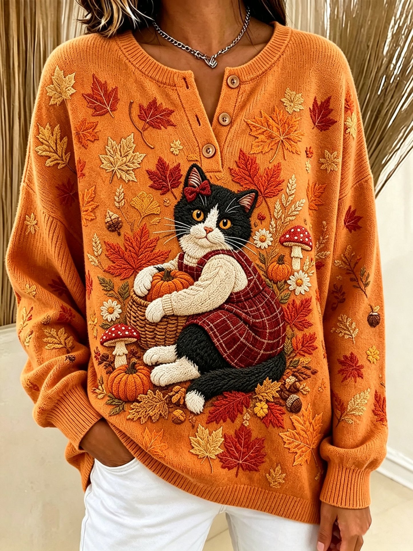 Women's Casual Print Button-Up Collar Knit Top
