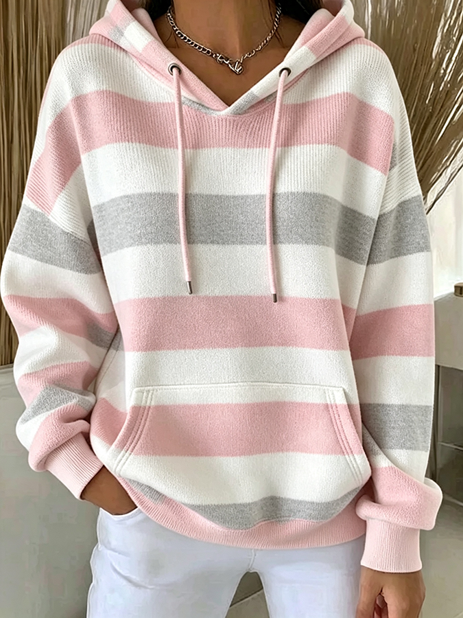 Ladies' Contrasting Striped Printed Hooded Sweatshirt