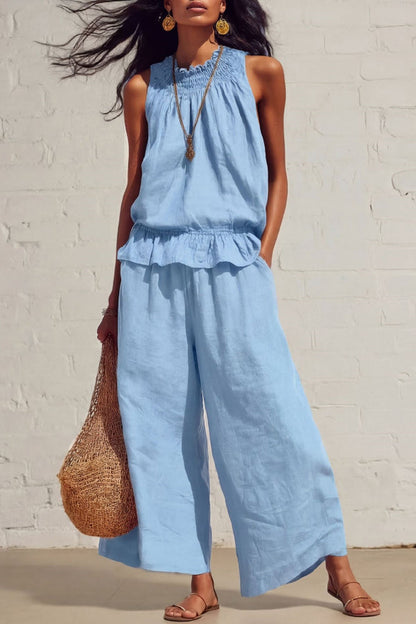 Linen Blend Round Neck Sleeveless Ruffled Top and Elastic Waist Casual Pocket Wide-leg Pants Set