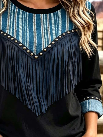 Women'S Casual Printed Top With Tassel And Panel Details
