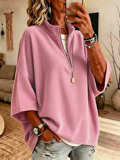 Women's Solid-Color Waffle-Knit Loose Half-Zip Sweatshirt