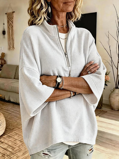 Women's Solid-Color Waffle-Knit Loose Half-Zip Sweatshirt