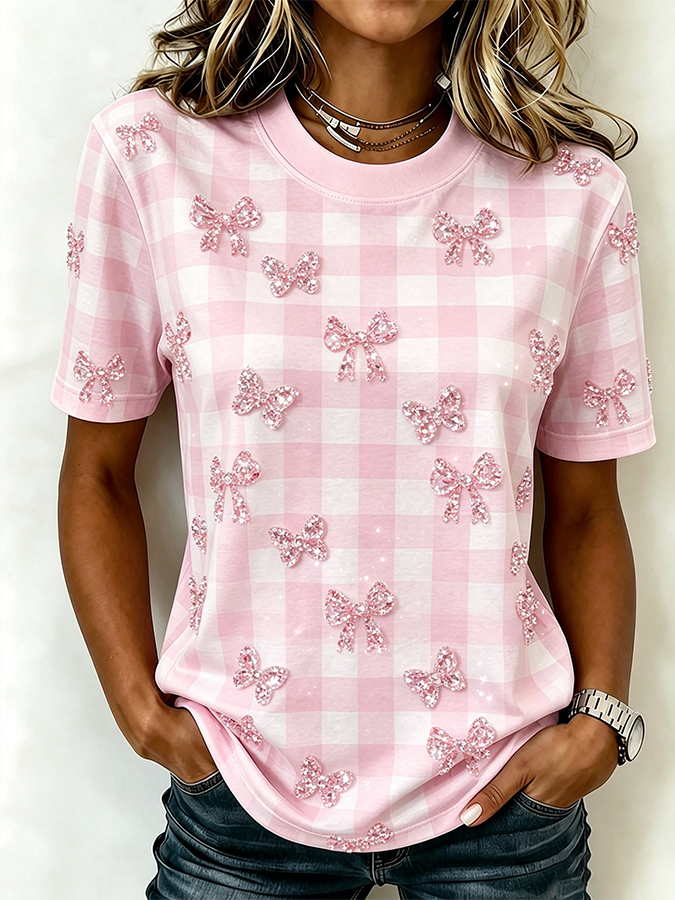 Women's Sparkling Diamond Bow Grid Printed T-shirt