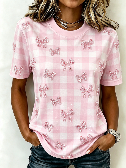 Women's Sparkling Diamond Bow Grid Printed T-shirt