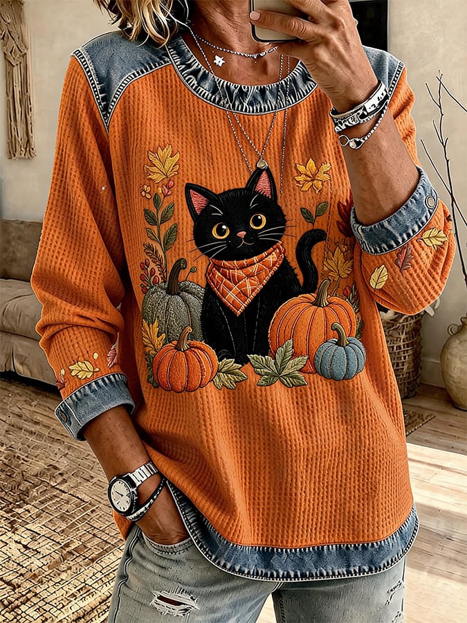 Women's Casual Crew-Neck Printed Panel Sweatshirt