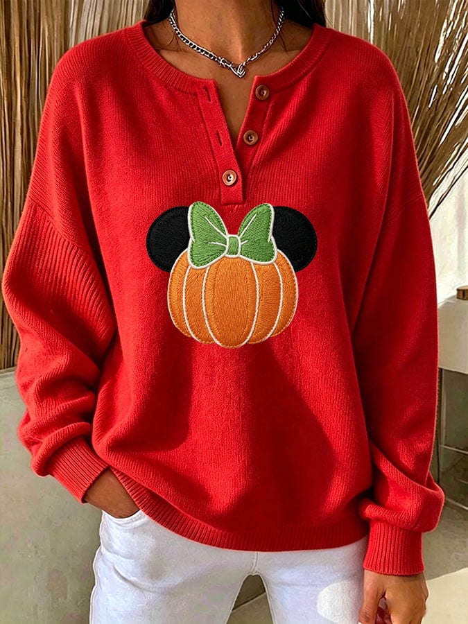 Women's Casual Print Button-Up Collar Knit Top