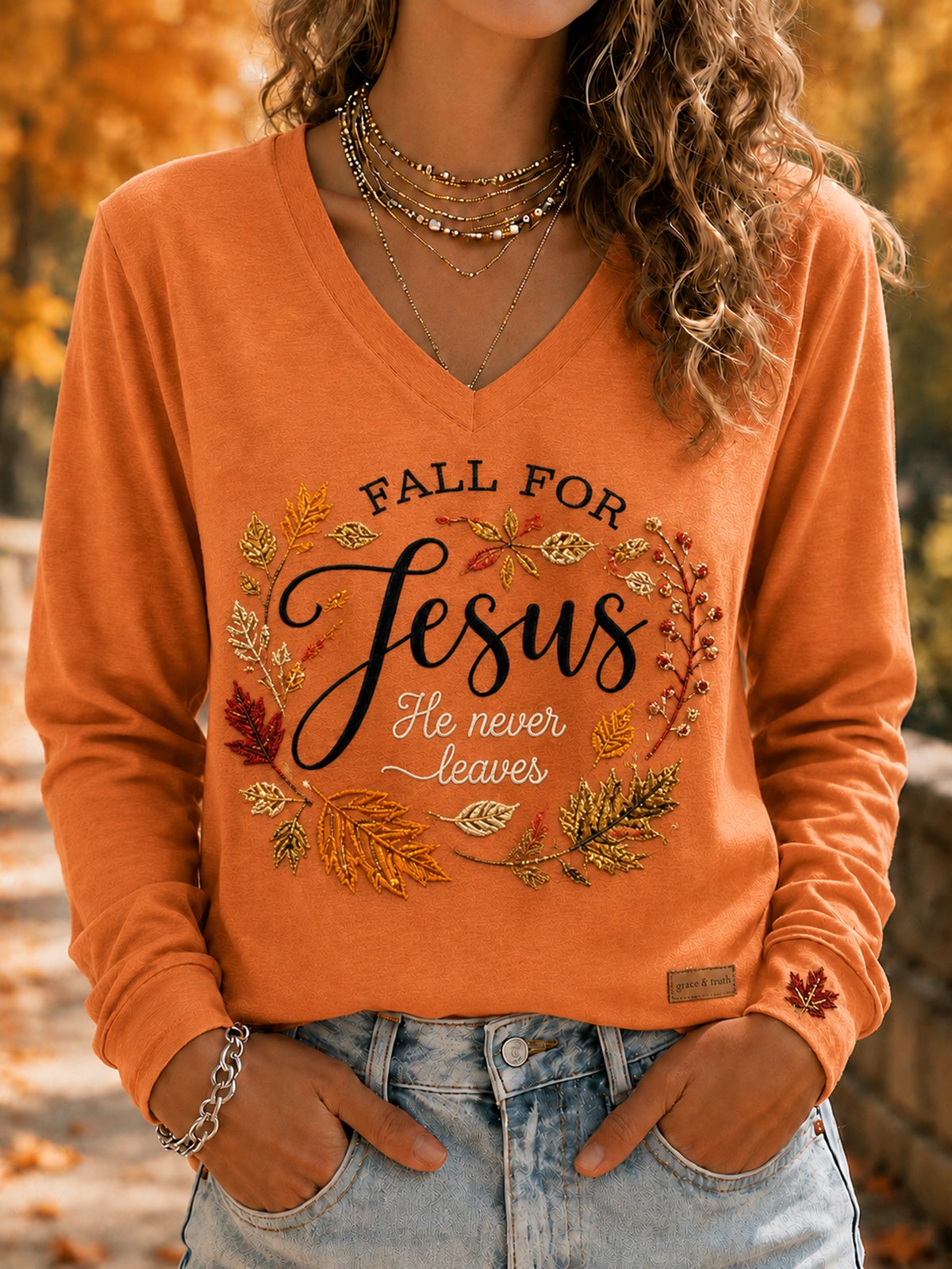 Fall For Jesus He Never Leaves T-Shirt