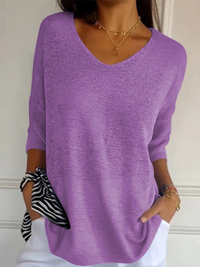 Women'S Casual V-Neck Three-Quarter Sleeve Solid Color Knit Sweater