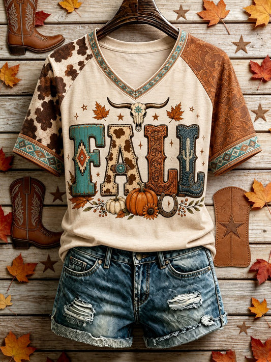 Women's Western Fall Vintage Print T-Shirt