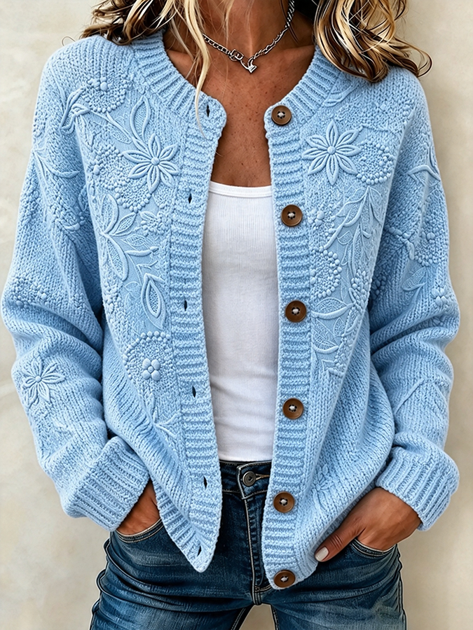 Ladies' Casual Plant Flower Knitted Cardigan Top