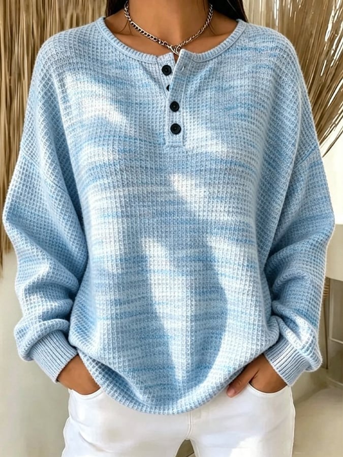 Women's Casual Printed Waffle-Knit Henley Sweatshirt