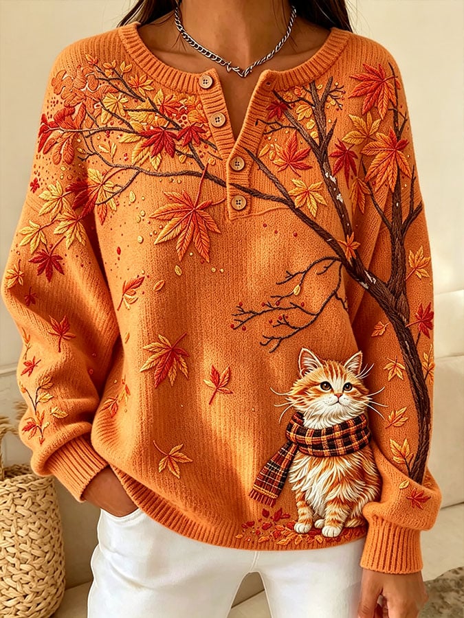 Women's Casual Print Button-Up Collar Knit Top