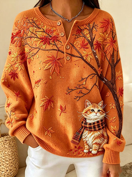 Women's Casual Print Button-Up Collar Knit Top