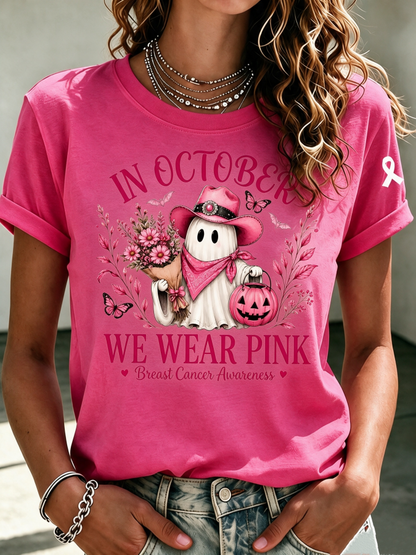 Women'S In October We Wear Pink Printed Casual T-Shirt