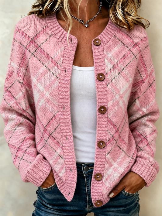 Women's Casual Grid Line Print Knitted Cardigan Top