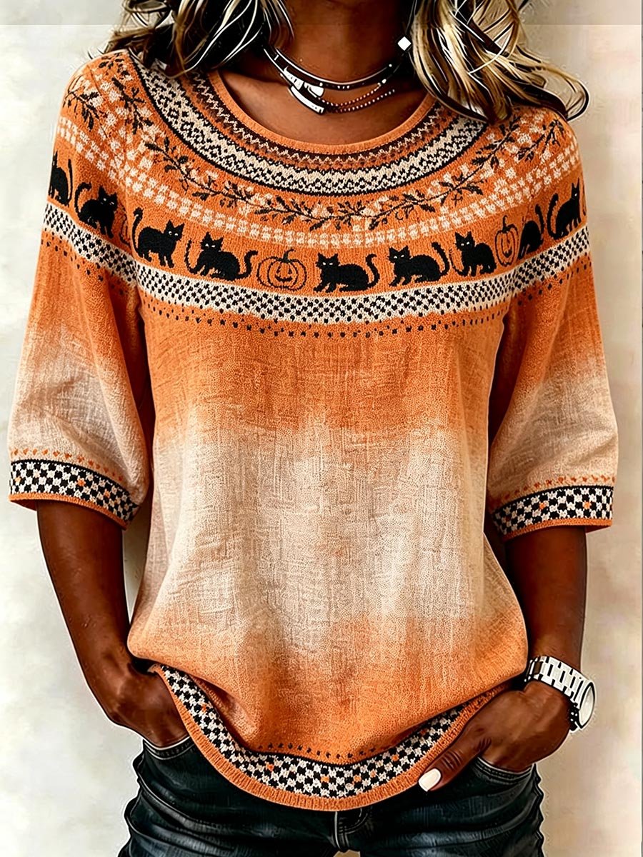 Women's Casual Orange Geometric Black Cat Print Top for Autumn