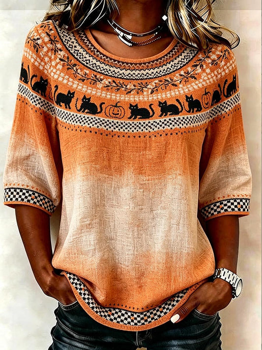 Women's Casual Orange Geometric Black Cat Print Top for Autumn