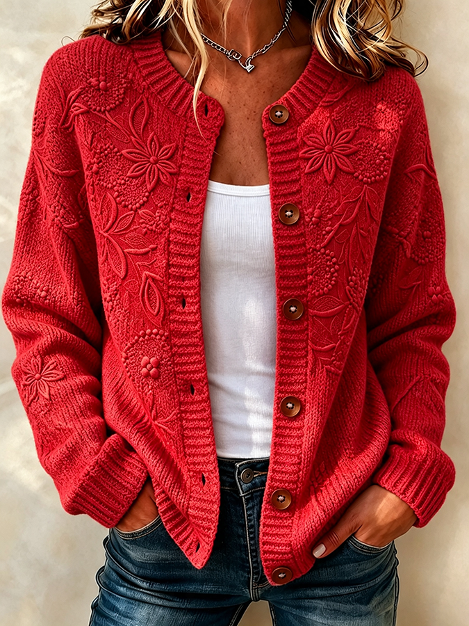 Ladies' Casual Plant Flower Knitted Cardigan Top