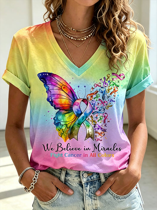 Women'S Fight Cancer In All Colors Printed V-Neck T-Shirt