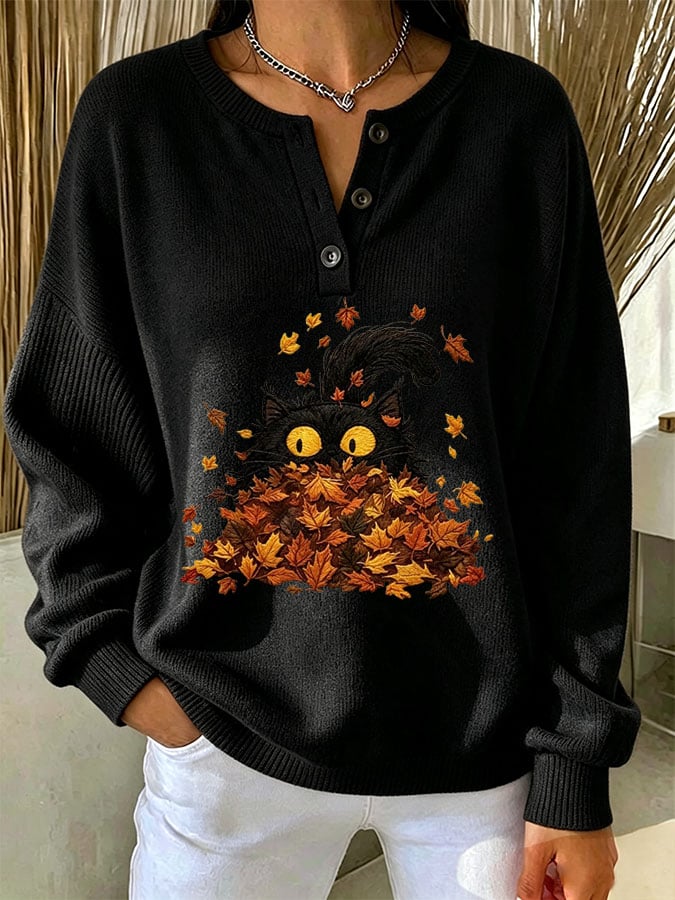 Women's Casual Print Button-Up Collar Knit Top