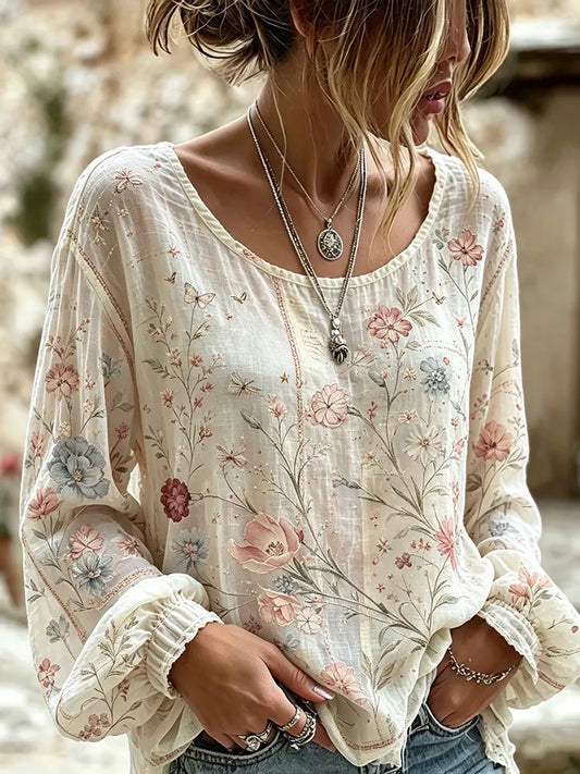 Women's Plant Flower Printed Long Sleeve Top