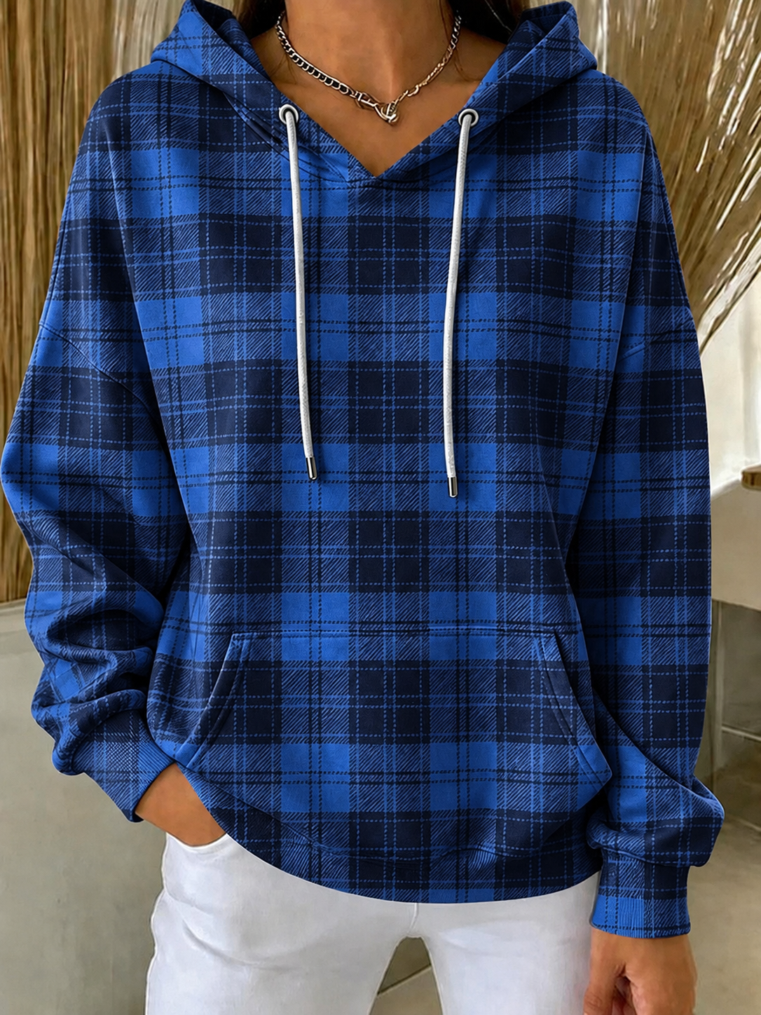 Women'S Retro Breast Cancer Awareness Plaid Art Print Long Sleeve Hoodie