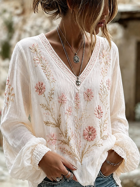 Women'S Plant Flower Printed Casual V-Neck Top