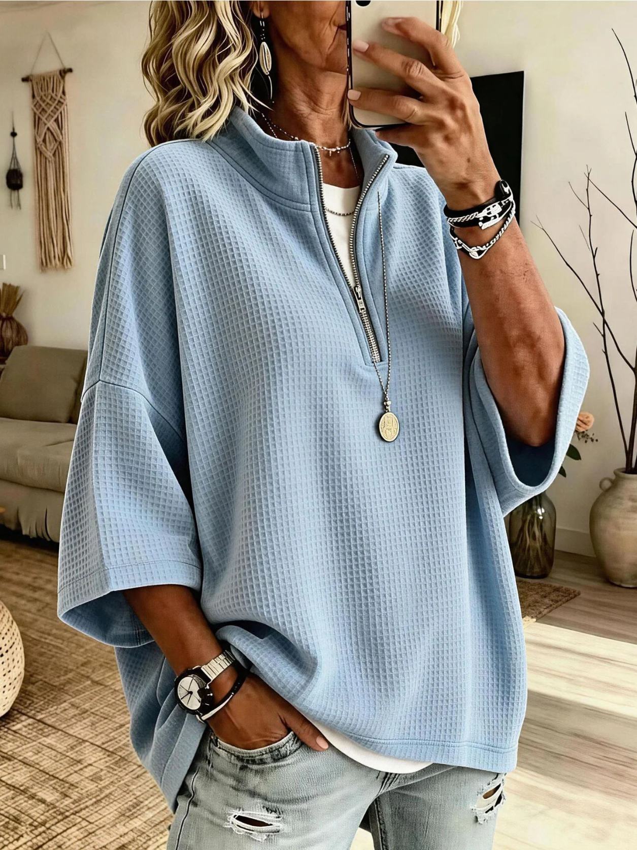 Women's Solid-Color Waffle-Knit Loose Half-Zip Sweatshirt