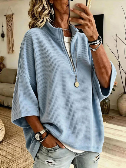 Women's Solid-Color Waffle-Knit Loose Half-Zip Sweatshirt