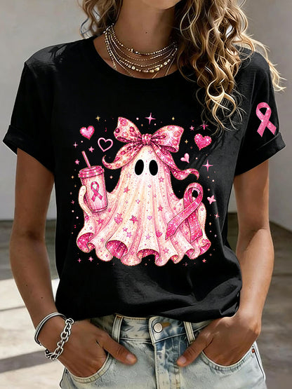 Women'S Breast Cancer Awareness And Ghost Witch Halloween Support Printed T-Shirt