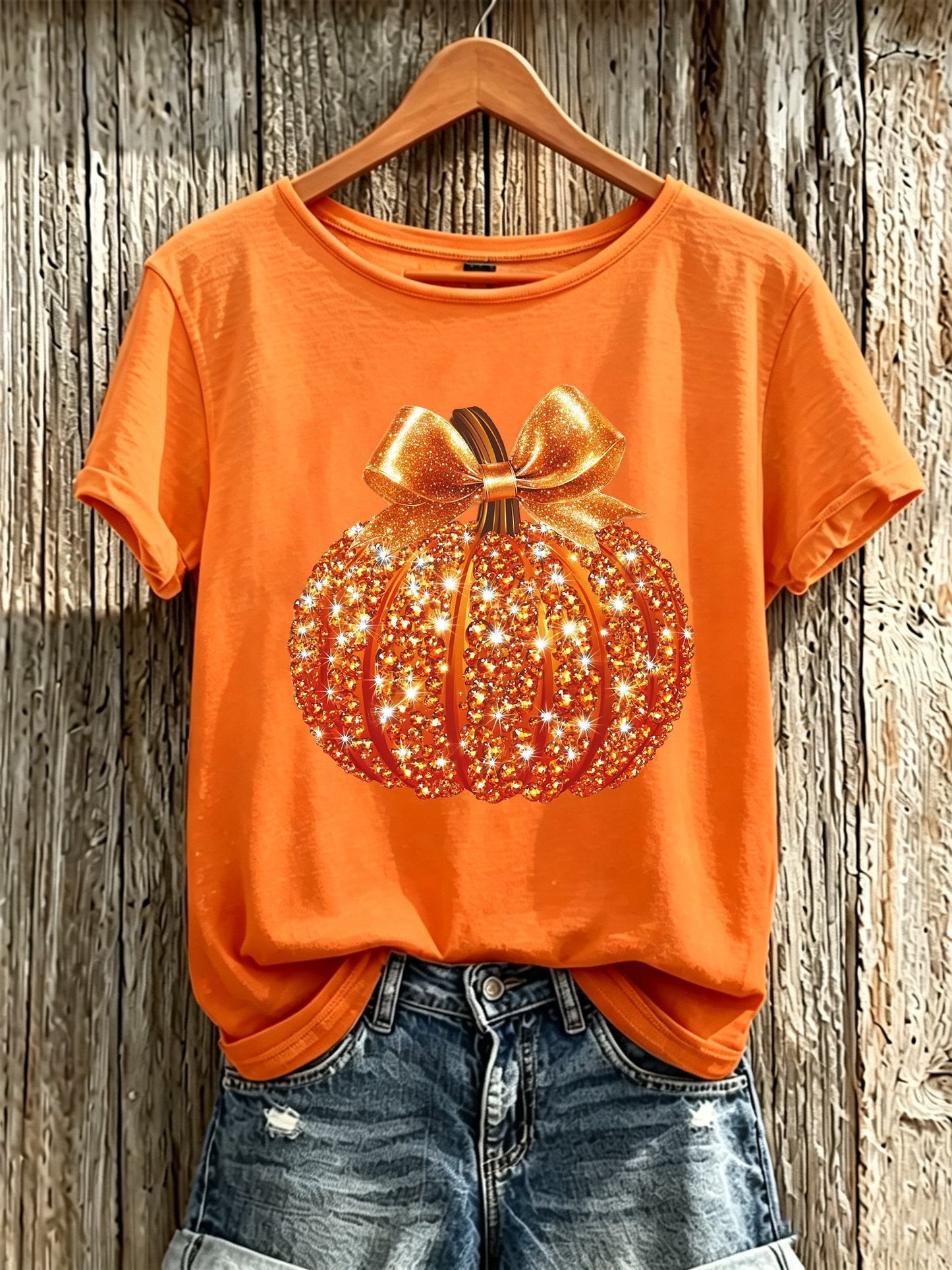 Women's Autumn Sequin Pumpkin Print Crew Neck T-Shirt