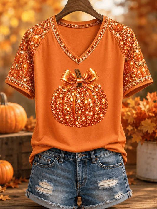 Women's Fall Season Pumpkin Print Casual V-Neck Tee
