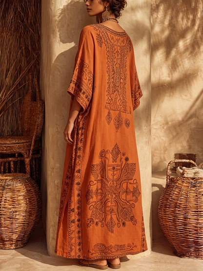 Bohemian Vintage-print Loose Cotton-linen Dress