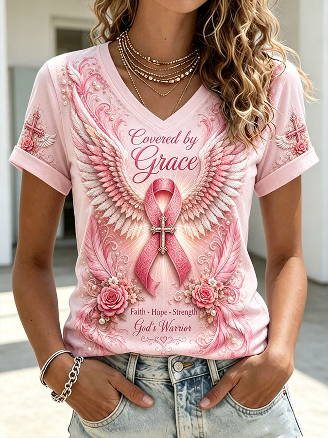Women'S Breast Cancer Ribbon Printed V-Neck T-Shirt
