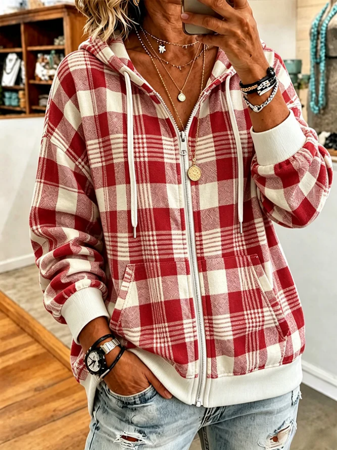 Women Pink Art Plaid Long Sleeve Hoodie Casual  Jacket Outerwear
