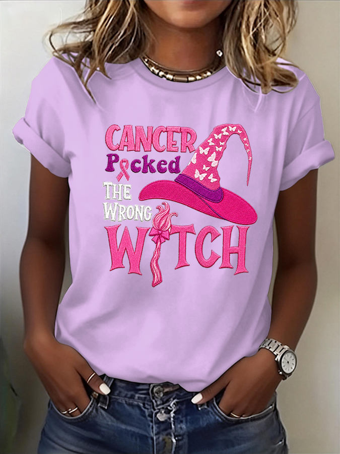 Women's Cancer Picked The Wrong Witch Pink Ribbon Witch Hat Embroidery Short Sleeve T-Shirt